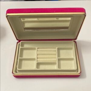 Vtg Pink Velour Clamshell Jewelry Box Plastic Tray Mirror Travel Case 11x 6 1/2”
